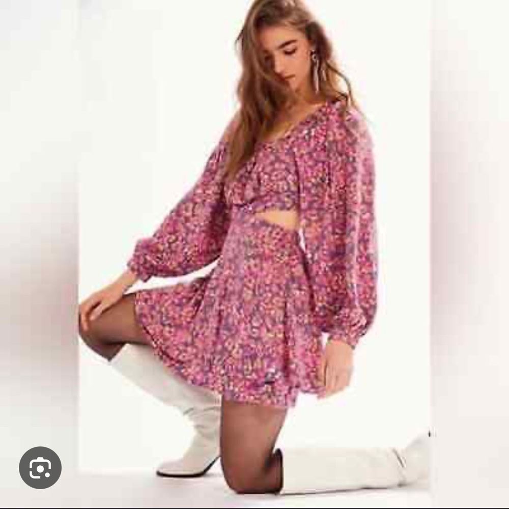 Free People Jael Pink Red Puff Sleeve Sundress